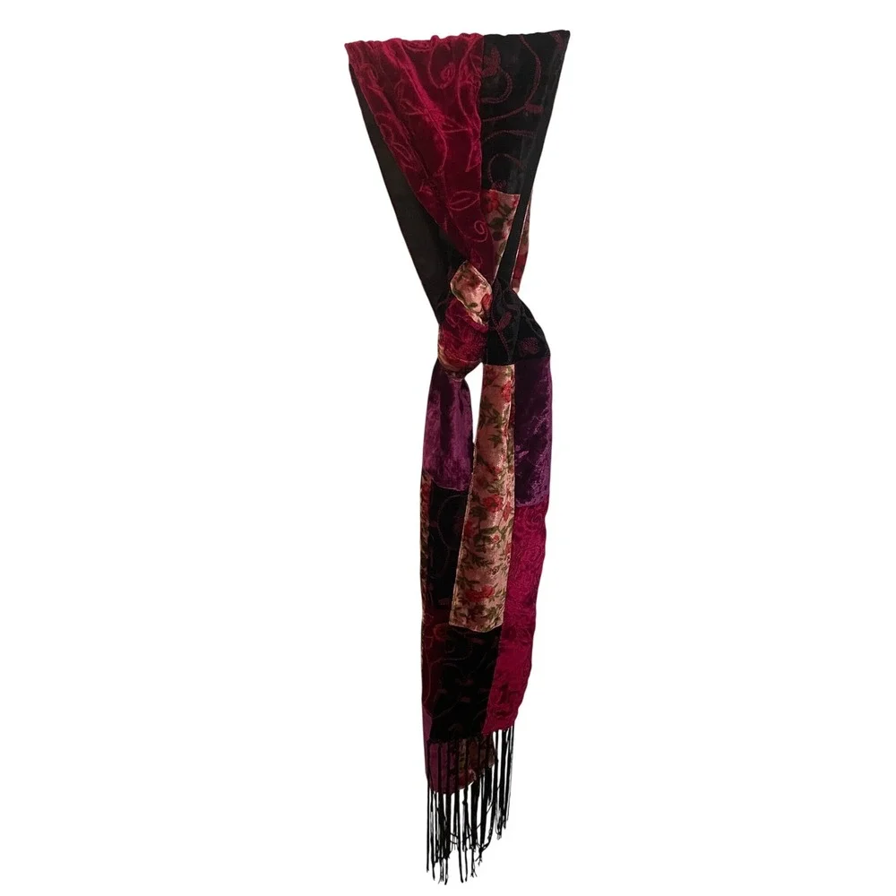 Vintage Whimsigoth Patchwork Velvet & Embroidered Scarf with Fringe Trim